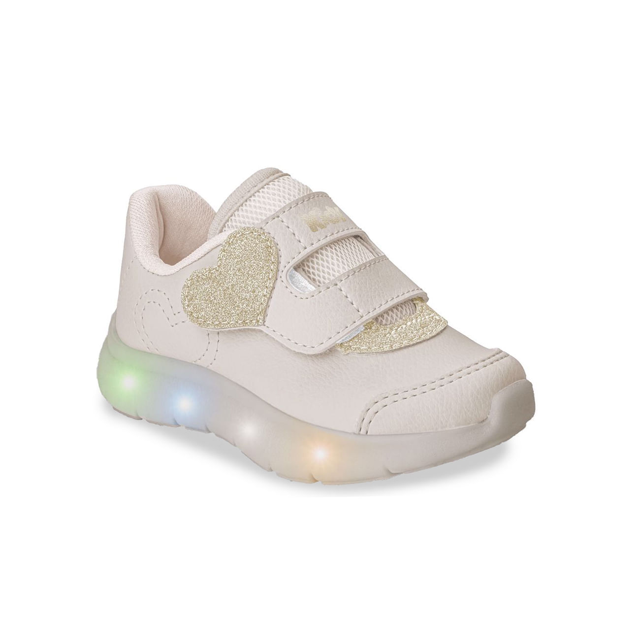 Tênis infantil marfim com glitter dourado em forma de coração e luzes LED na sola, fechamento em velcro e solado de borracha.